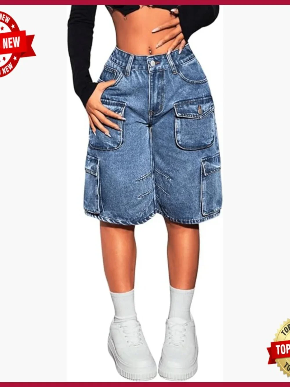 High Waisted Baggy Cargo Denim Shorts with Pockets
